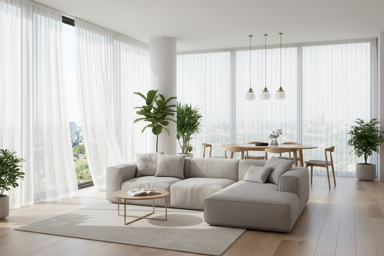 Living ouvert avec rideau Homyra ultra-transparent