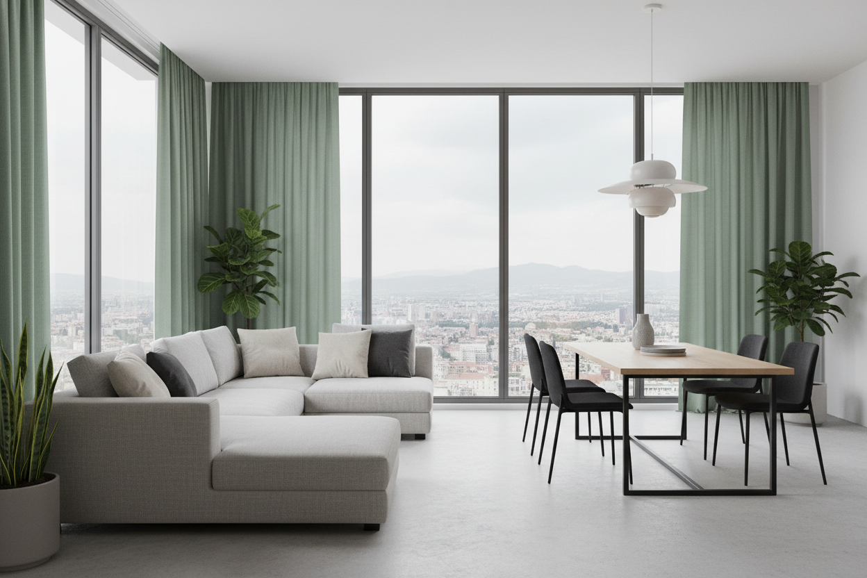 Living ouvert avec rideau vert romarin AURA