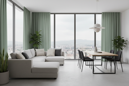 Living ouvert avec rideau vert romarin AURA