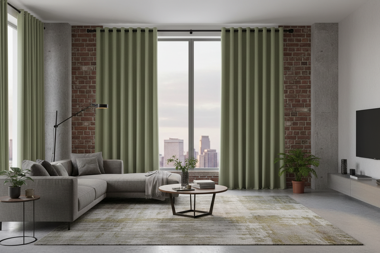 Loft sophistiqué avec rideaux SYLVESTRA vert olive et anneaux