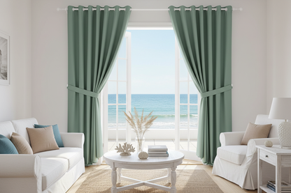 Pièce avec terrasse vue mer avec rideaux EMERESCO et anneaux