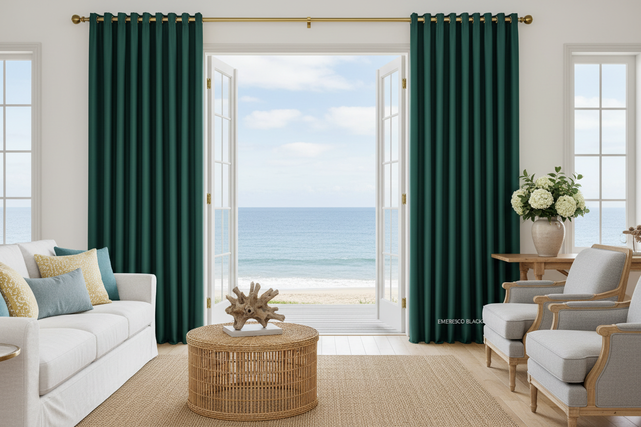 Pièce avec terrasse vue mer avec rideaux EMERESCO et anneaux