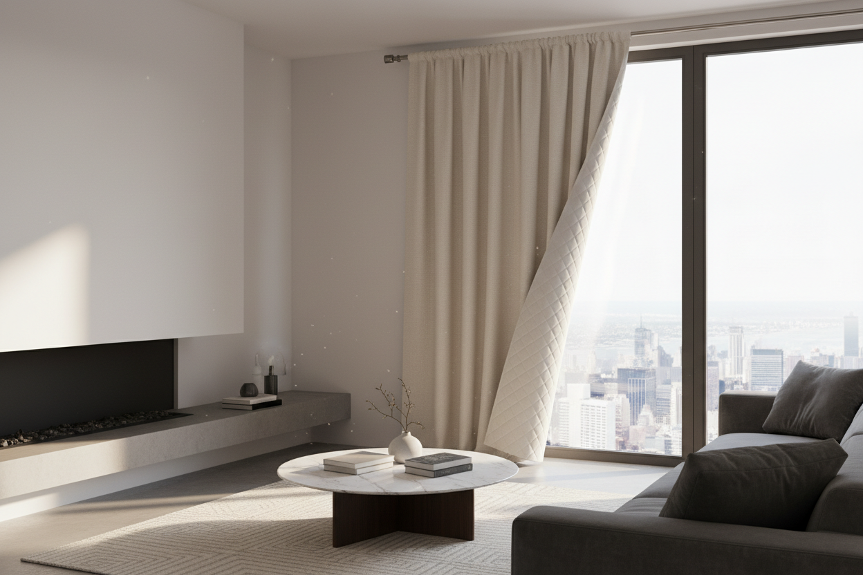 Rideau beige matelassé salon moderne