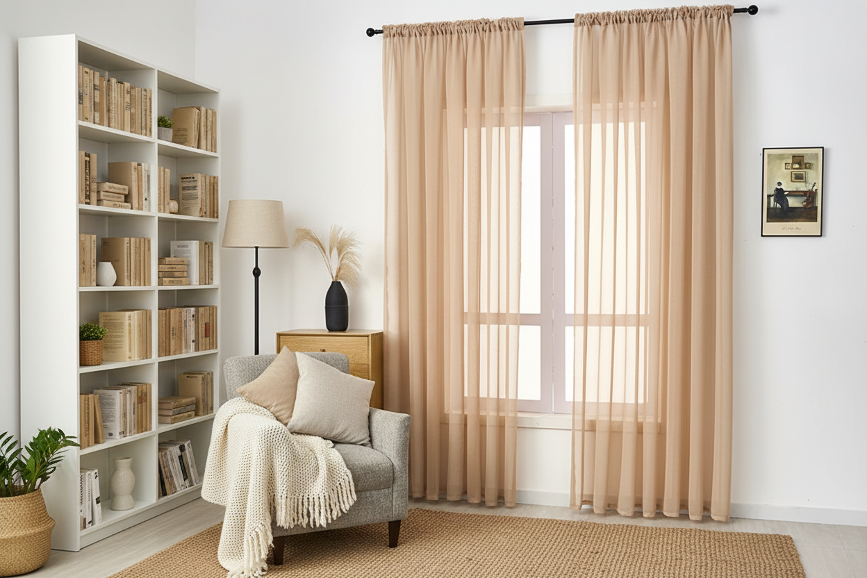 Rideau beige voilage Prestigia - Coin lecture cosy