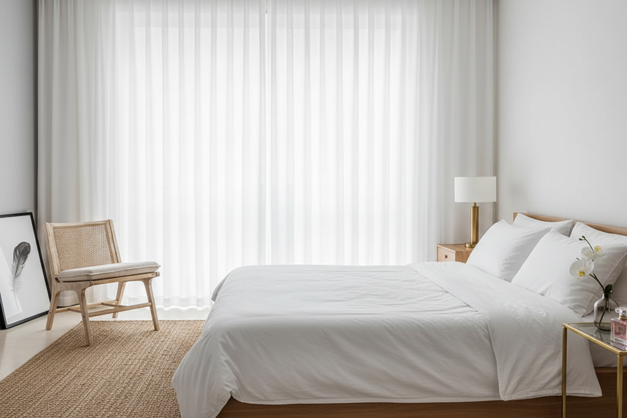 Rideau blanc LUMORA dans une chambre spa-luxe