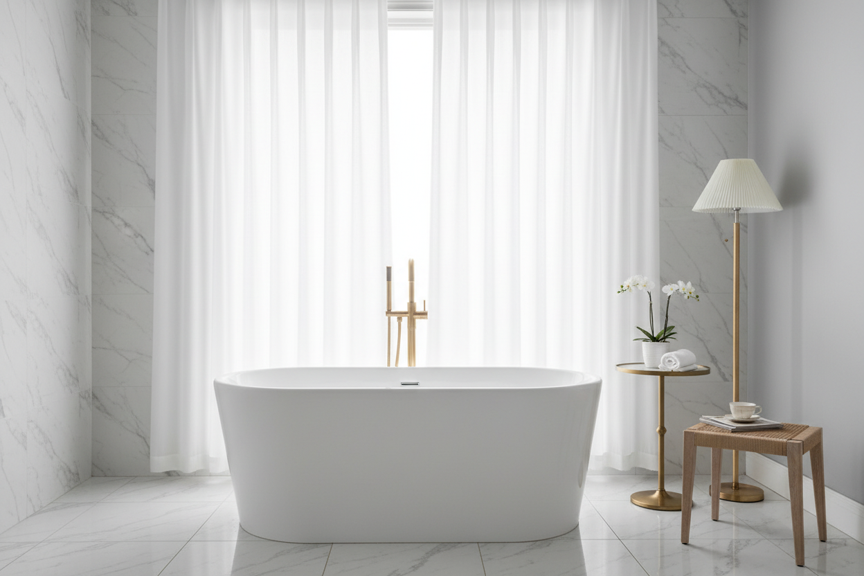 Rideau blanc LUMORA dans une salle de bain spa