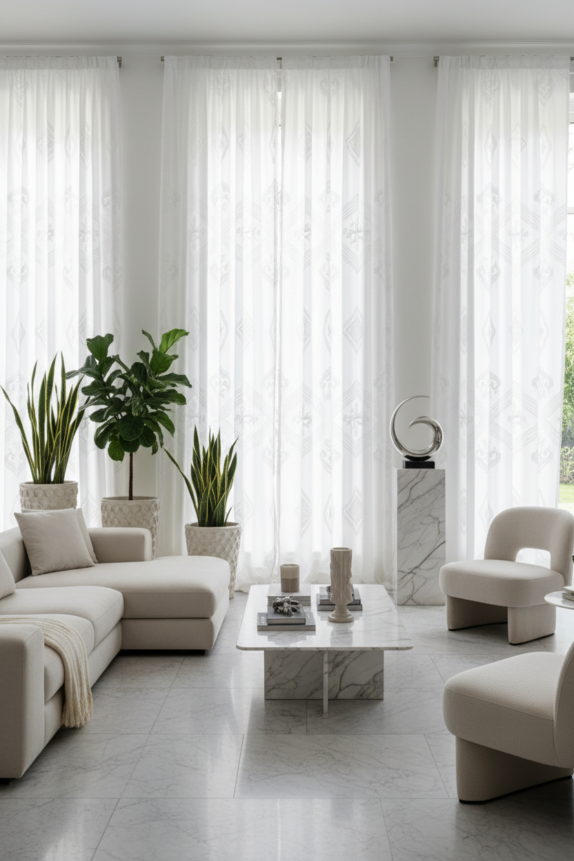Rideau blanc relief 3D salon