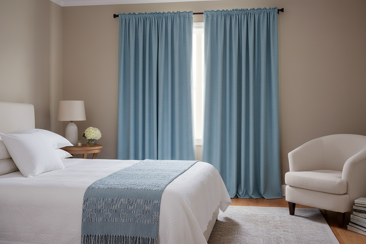 Rideau bleu ciel chambre d'amis