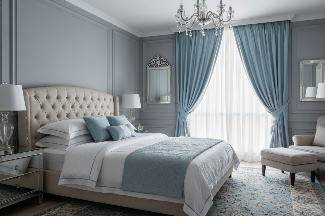 Rideau bleu ciel chambre parentale