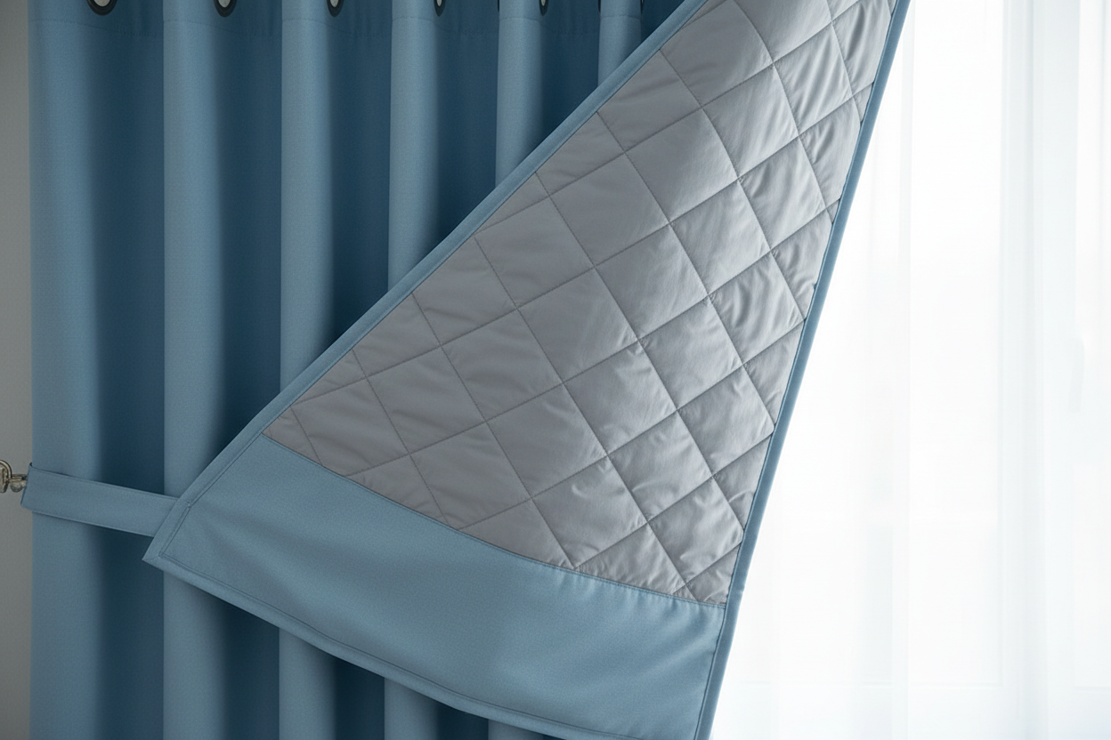 Rideau bleu ciel matelassé couche isolante