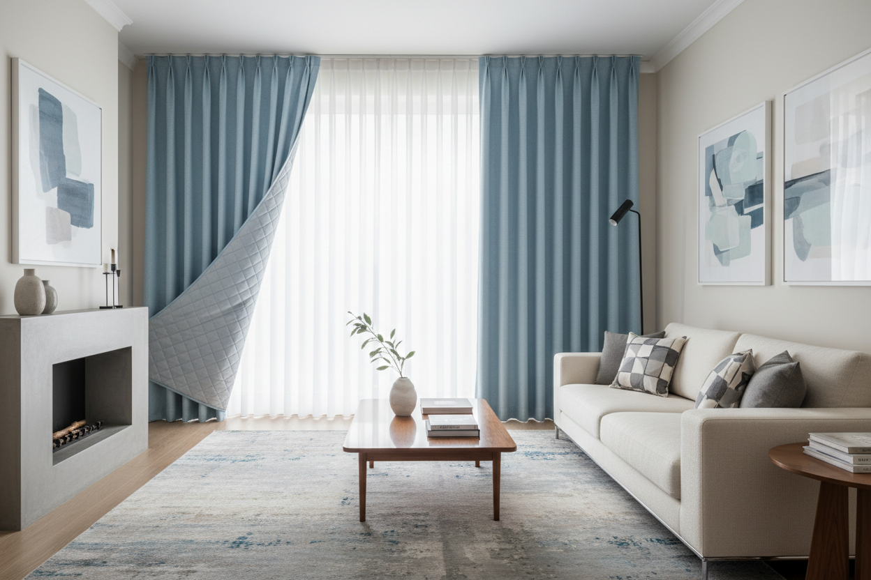 Rideau bleu ciel matelassé salon moderne
