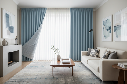 Rideau bleu ciel matelassé salon moderne