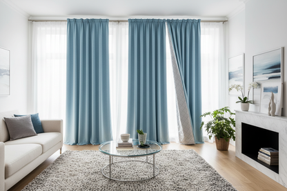 Rideau bleu ciel matelassé salon moderne
