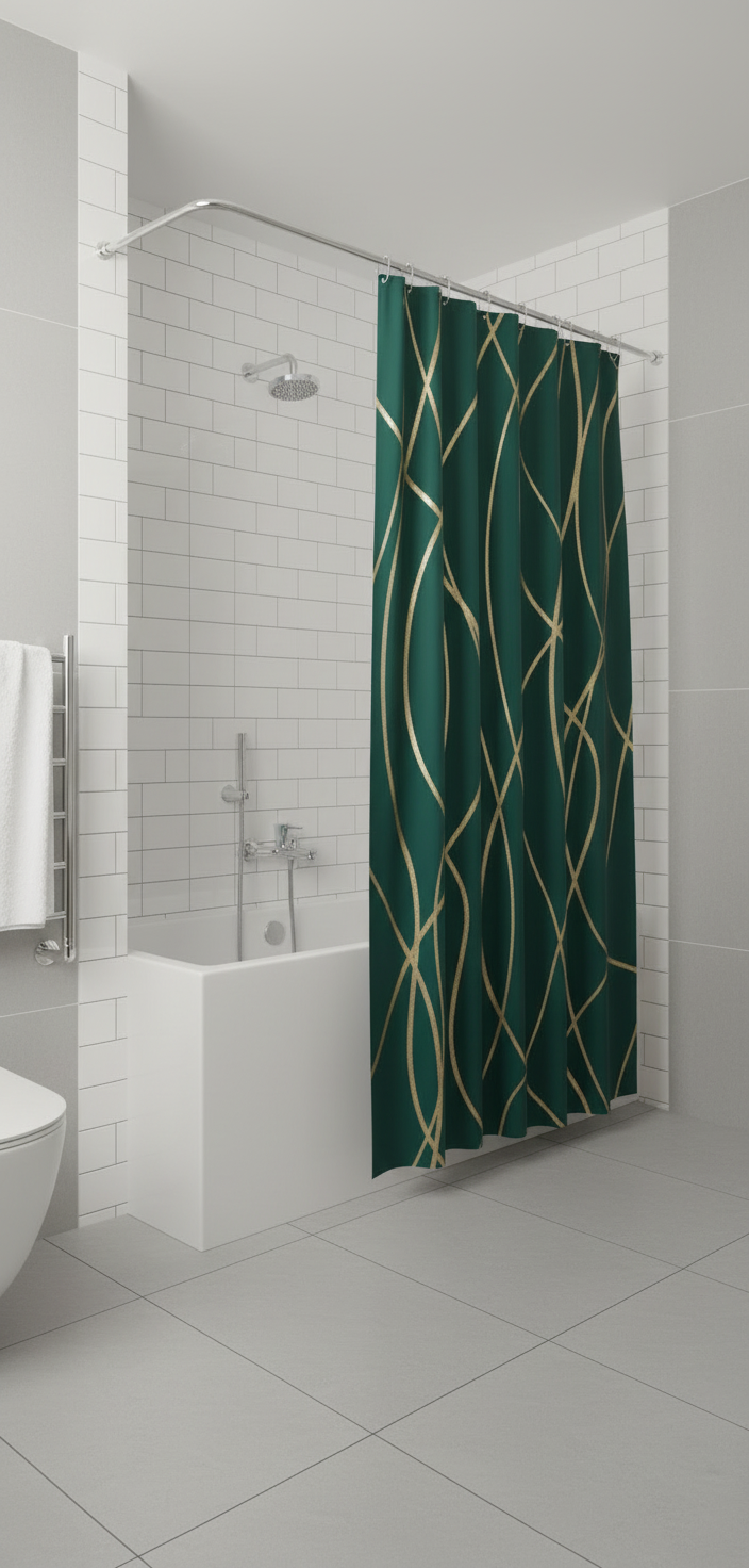 Rideau douche 78SH blanc lignes vertes dorées - Baignoire classique 2