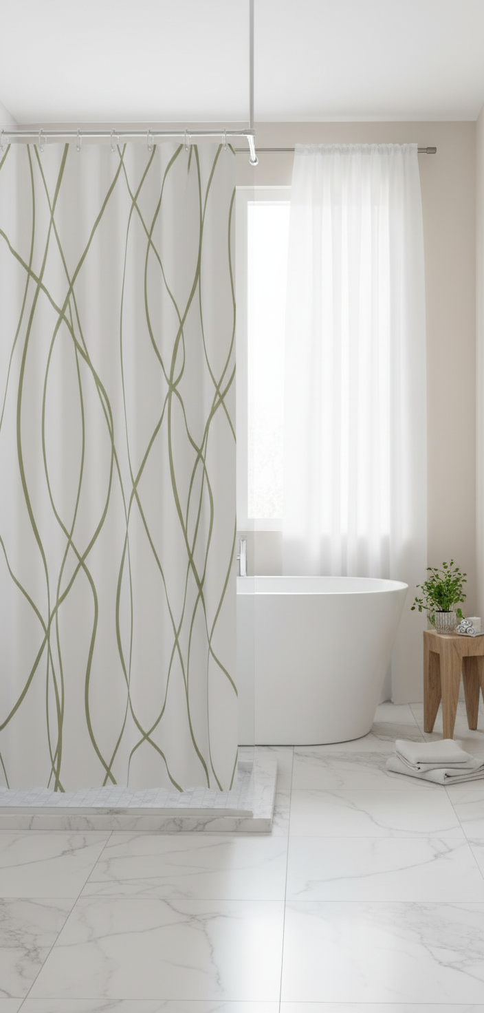 Rideau douche 78SH blanc lignes vertes dorées - Baignoire élégante 1