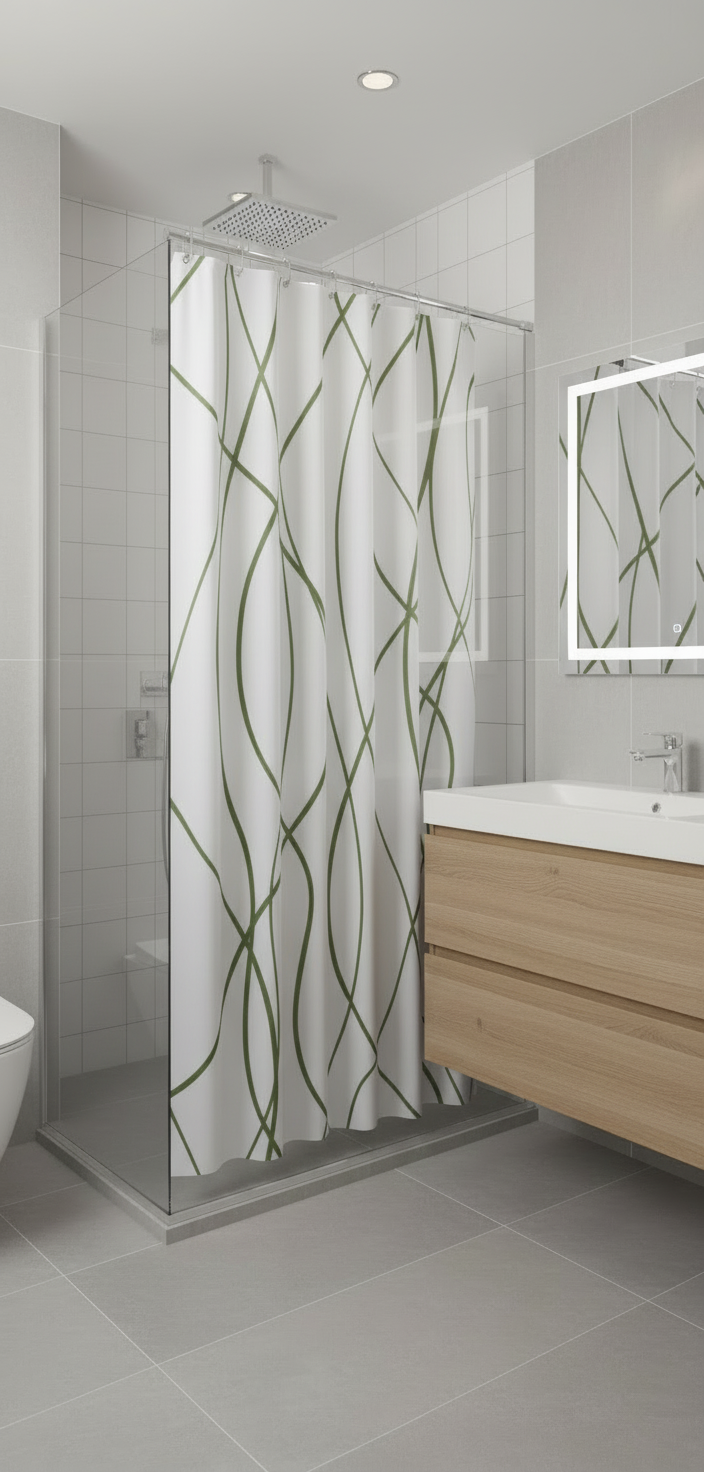 Rideau douche 78SH blanc lignes vertes dorées - Douche moderne 1