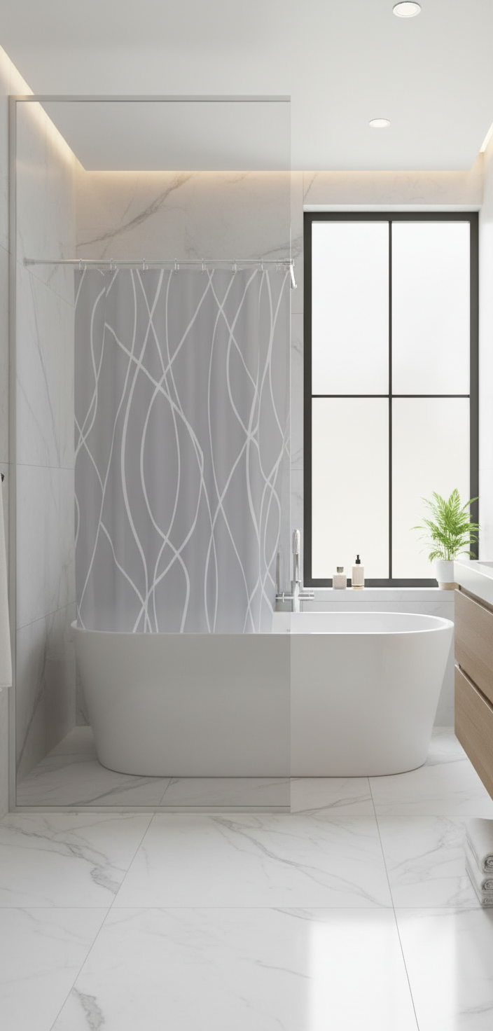 Rideau douche 81SH blanc lignes grises - Baignoire élégante 1