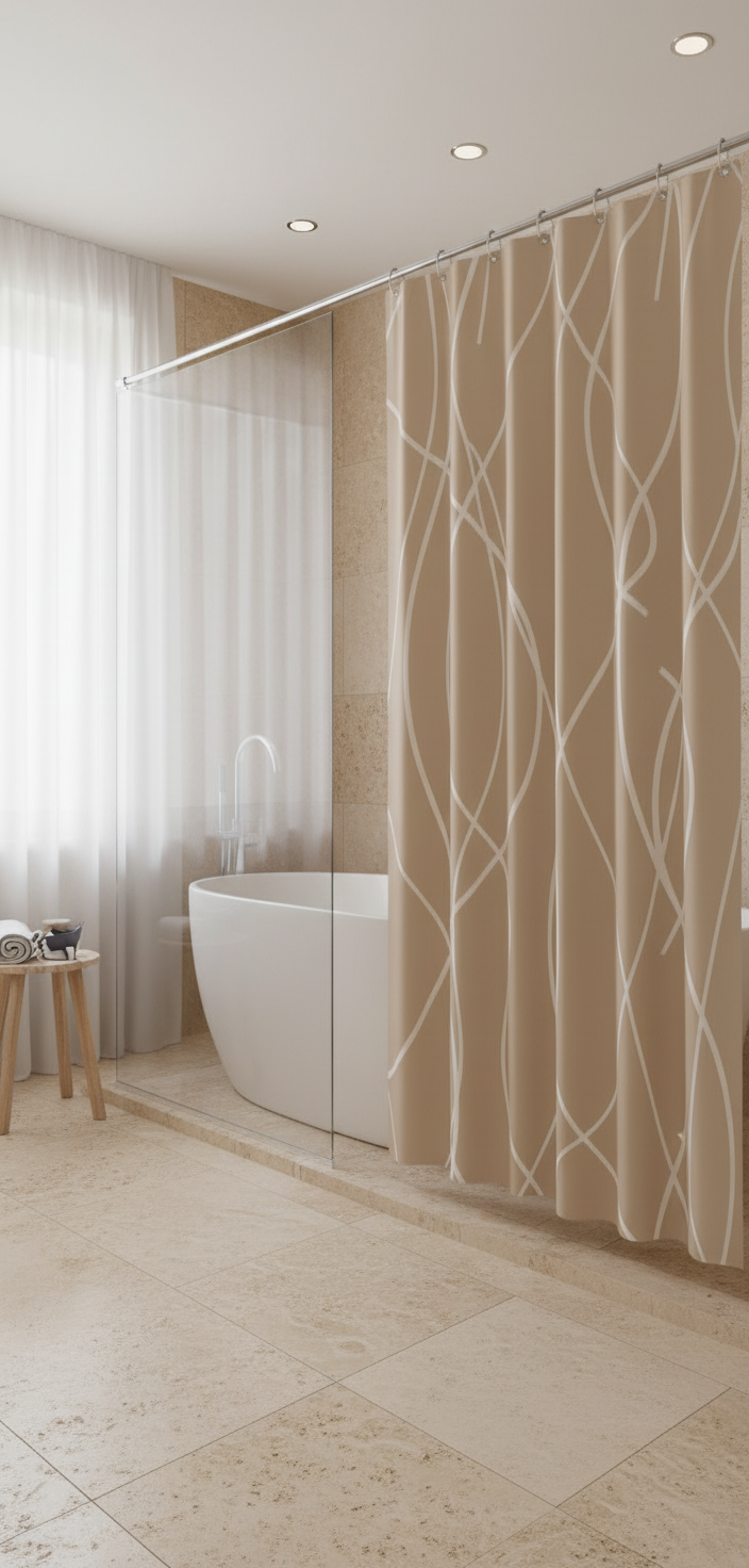 Rideau douche 82SH beige crème lignes blanches - Baignoire élégante 1