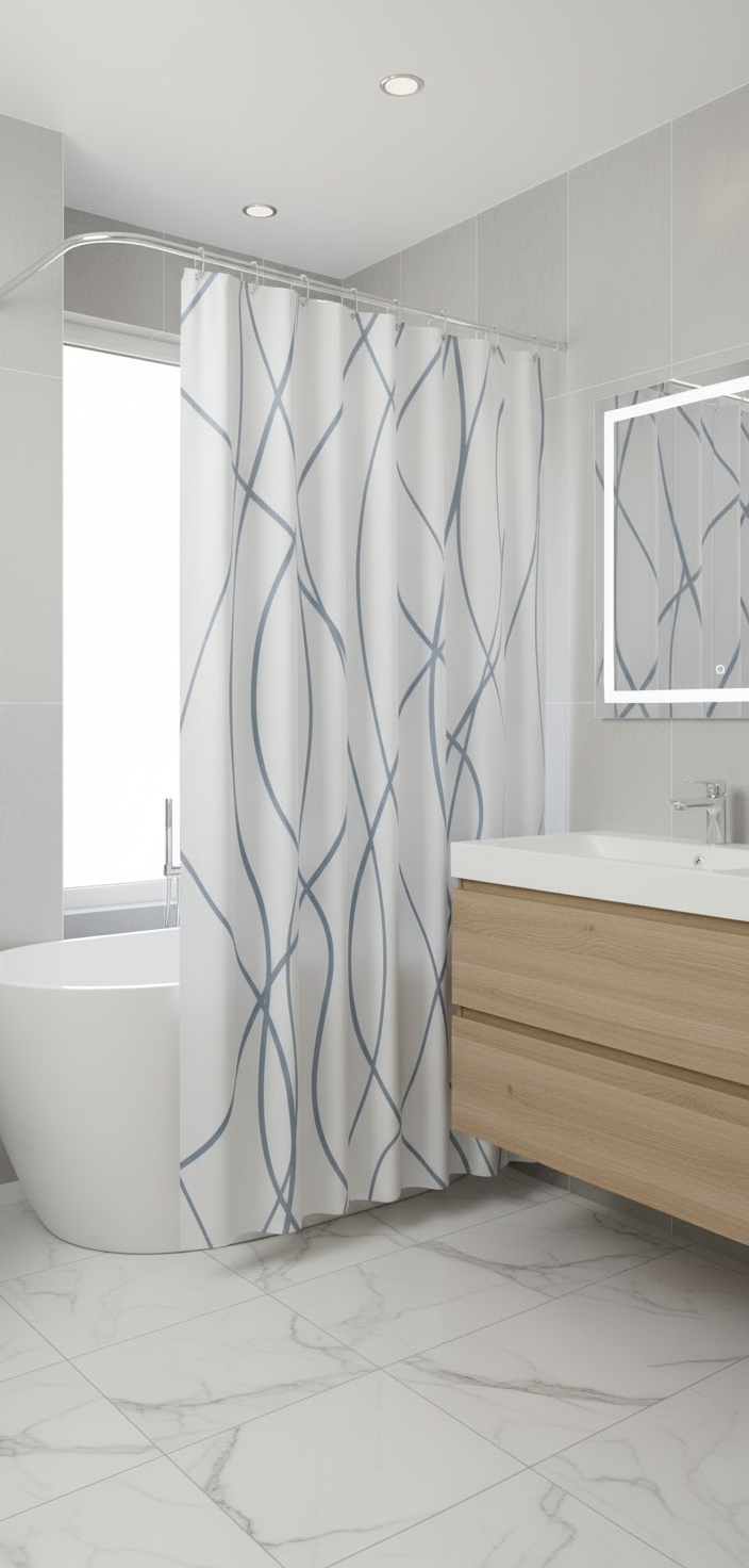 Rideau douche 83SH blanc lignes bleu-gris - Baignoire élégante 1