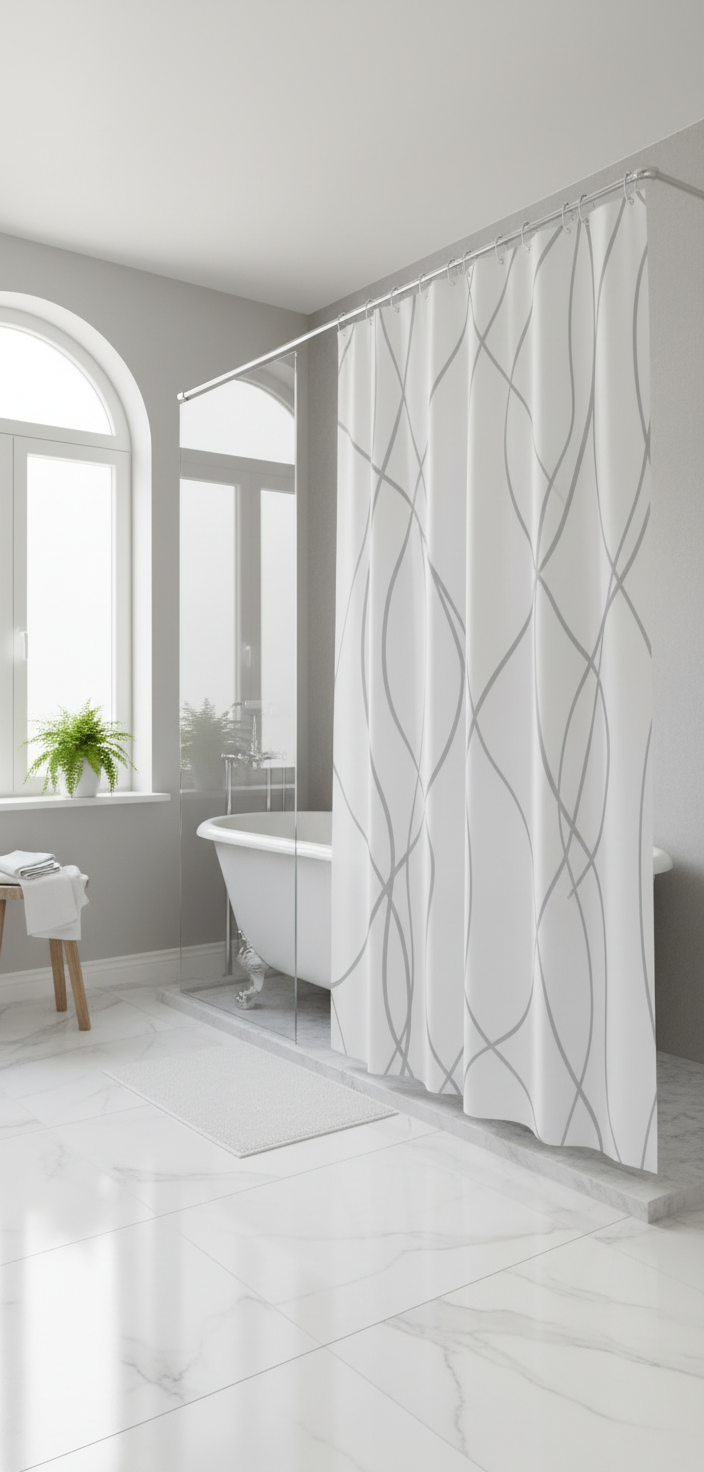 Rideau douche 84SH blanc lignes grises - Baignoire élégante 1