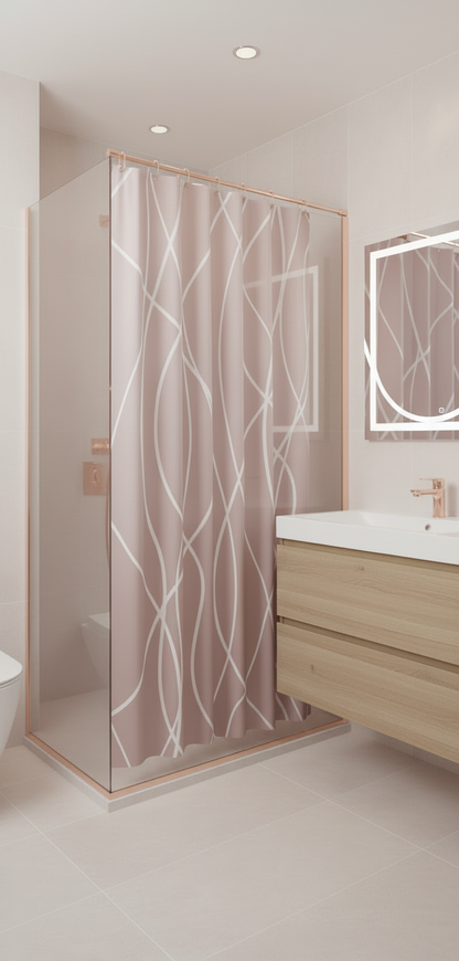 Rideau douche 86SH rose poudré lignes blanches - Salle de bain blush moderne