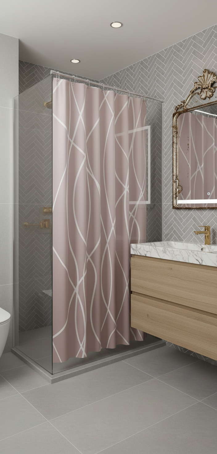 Rideau douche 86SH rose poudré lignes blanches - Salle de bain parisienne chic