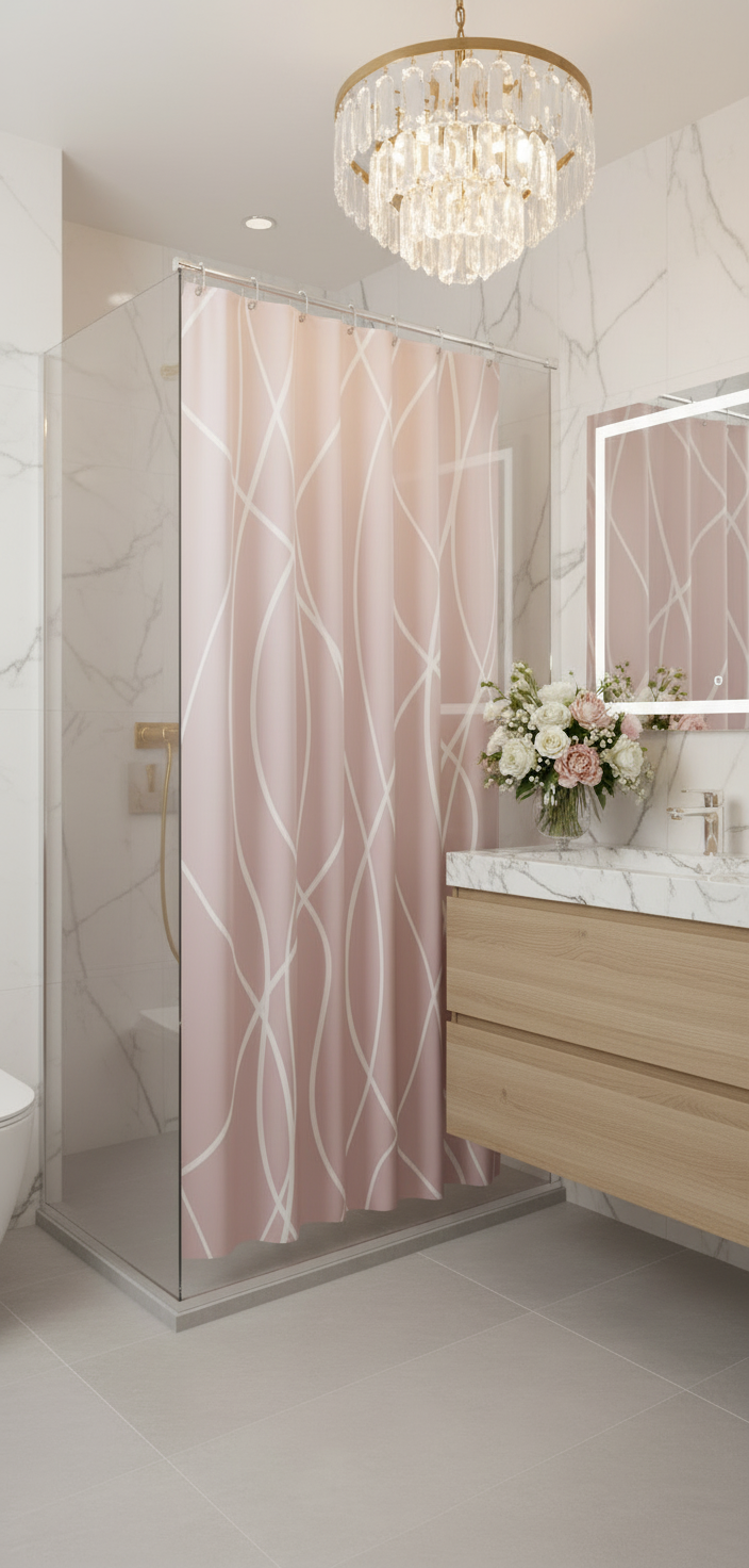 Rideau douche 86SH rose poudré lignes blanches - Salle de bain romantique