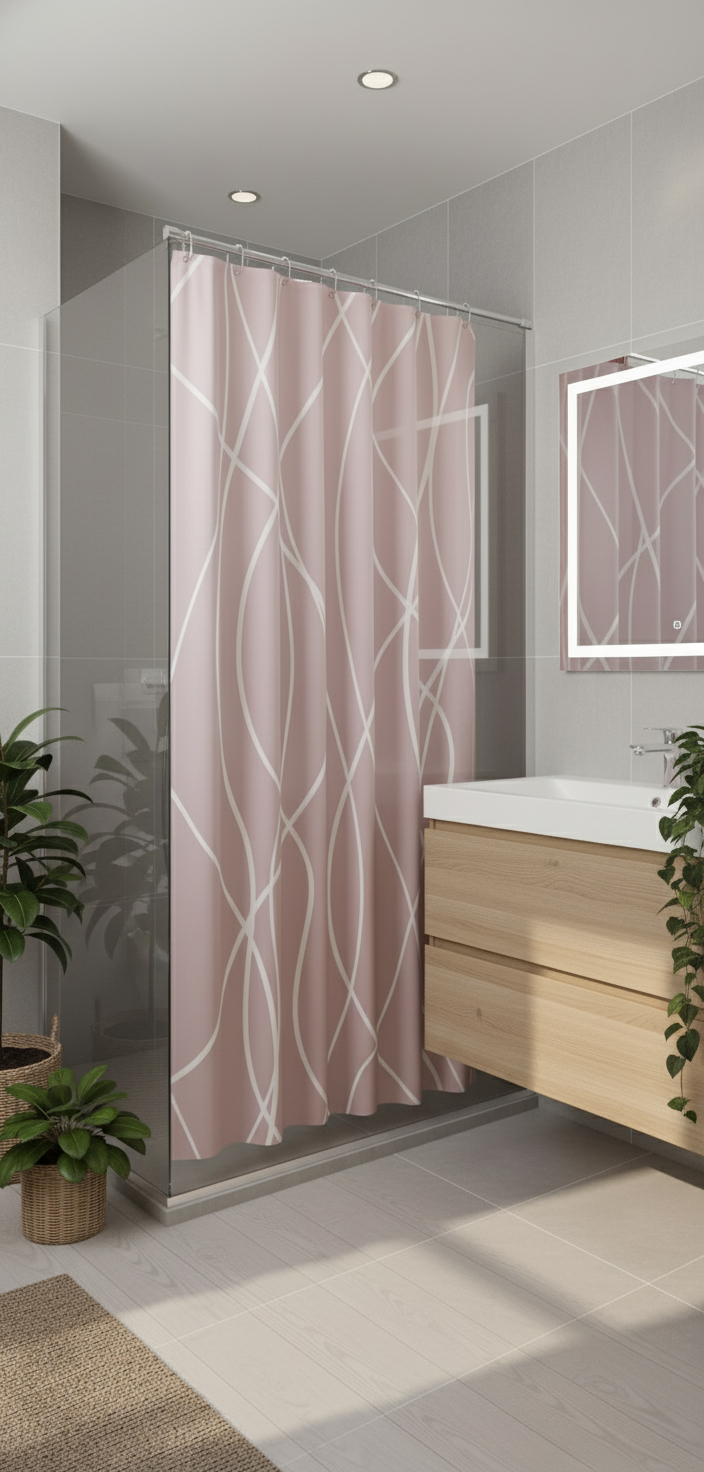 Rideau douche 86SH rose poudré lignes blanches - Salle de bain scandinave douce