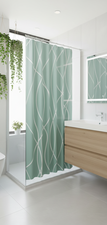 Rideau douche 87SH vert menthe lignes blanches - Salle de bain botanique