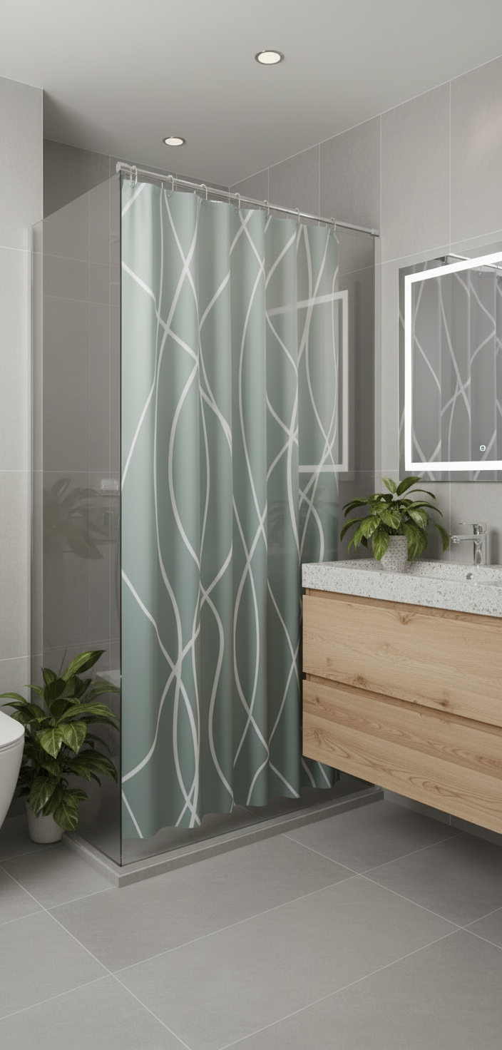 Rideau douche 87SH vert menthe lignes blanches - Salle de bain éco contemporaine