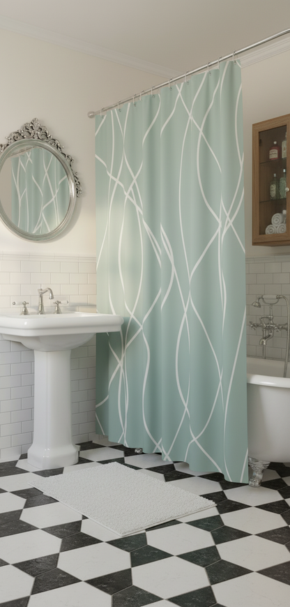 Rideau douche 87SH vert menthe lignes blanches - Salle de bain rétro vintage