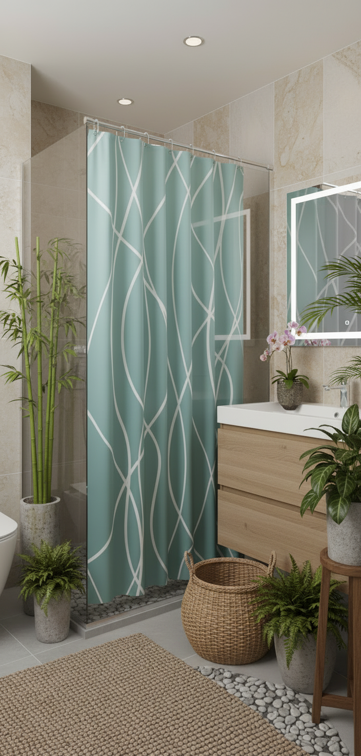 Rideau douche 87SH vert menthe lignes blanches - Salle de bain spa tropical