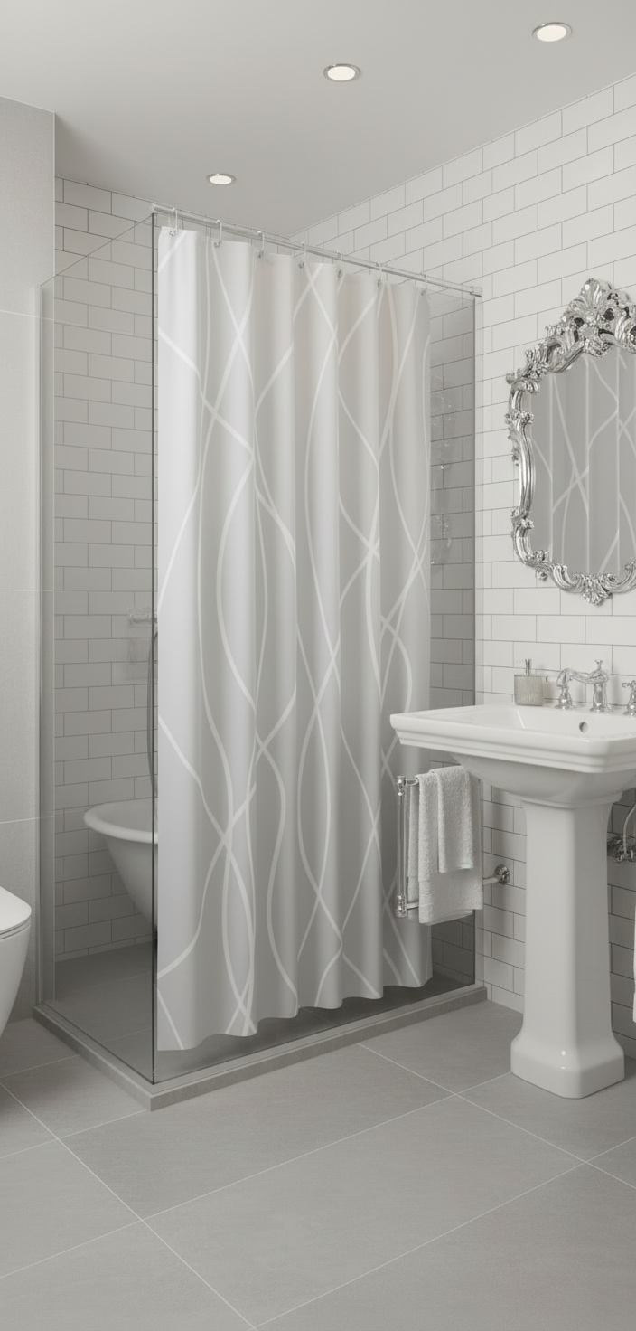 Rideau douche 88SH blanc lignes grises - Salle de bain classique