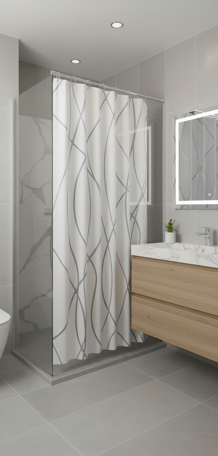 Rideau douche 88SH blanc lignes grises - Salle de bain spa nordique