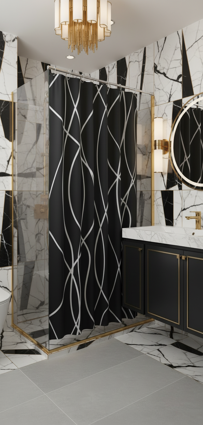 Rideau douche 89SH noir lignes blanches - Salle de bain art déco