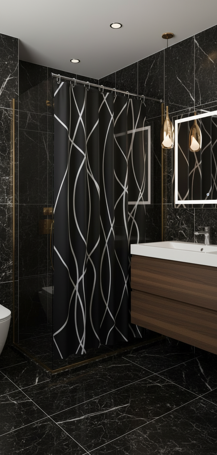 Rideau douche 89SH noir lignes blanches - Salle de bain luxe moderne