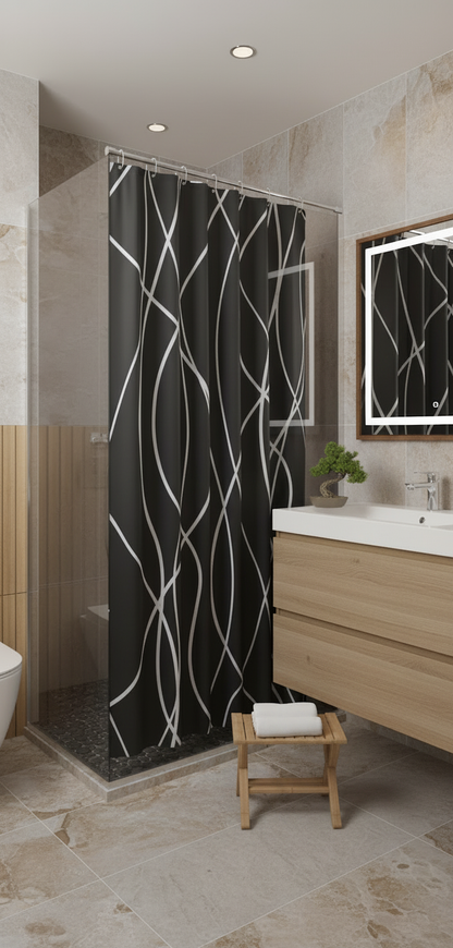 Rideau douche 89SH noir lignes blanches - Salle de bain zen japonaise