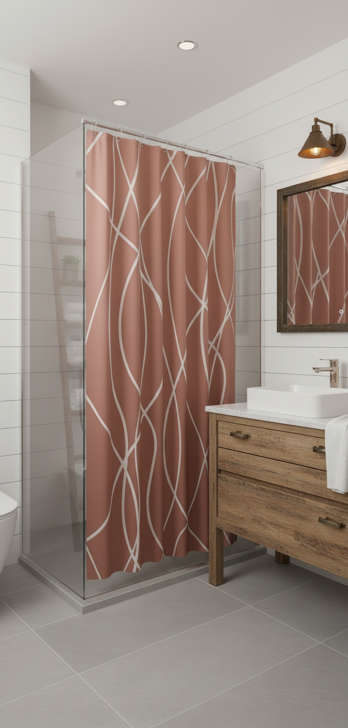 Rideau douche 90SH terracotta lignes blanches - Salle de bain farmhouse