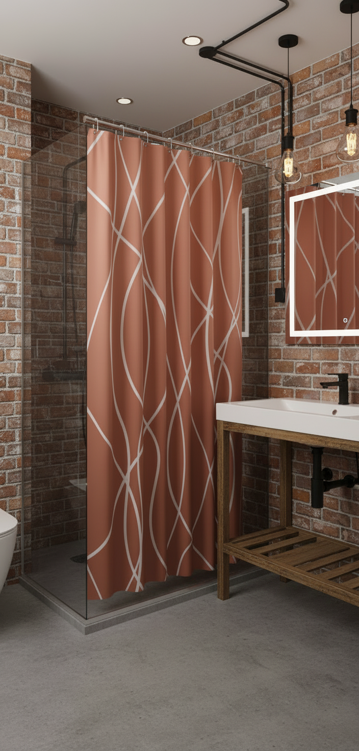 Rideau douche 90SH terracotta lignes blanches - Salle de bain industrielle