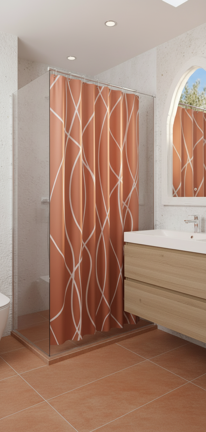 Rideau douche 90SH terracotta lignes blanches - Salle de bain méditerranéenne