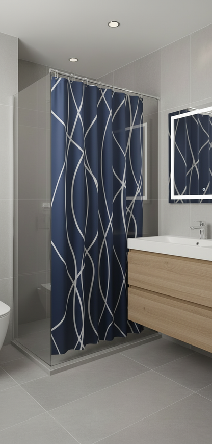 Rideau douche 91SH bleu marine lignes blanches - Salle de bain contemporaine