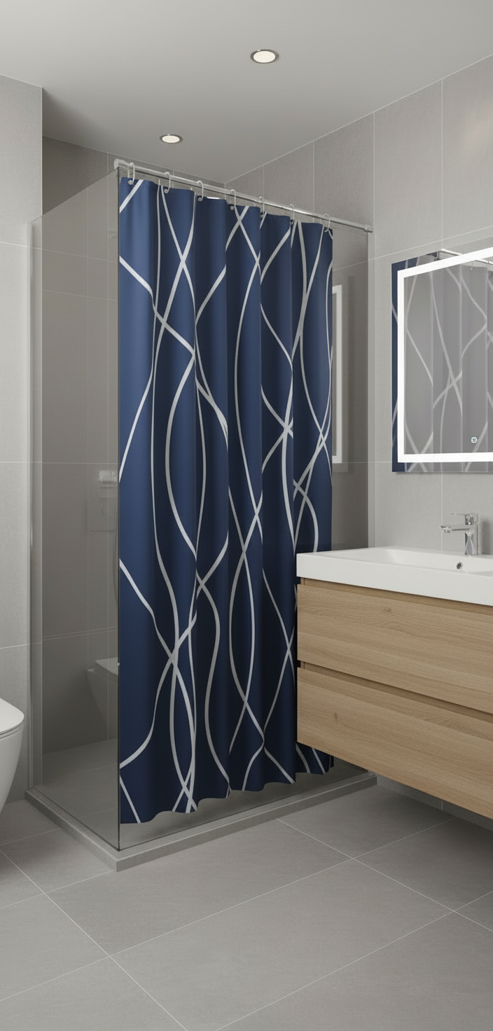 Rideau douche 91SH bleu marine lignes blanches - Salle de bain minimaliste