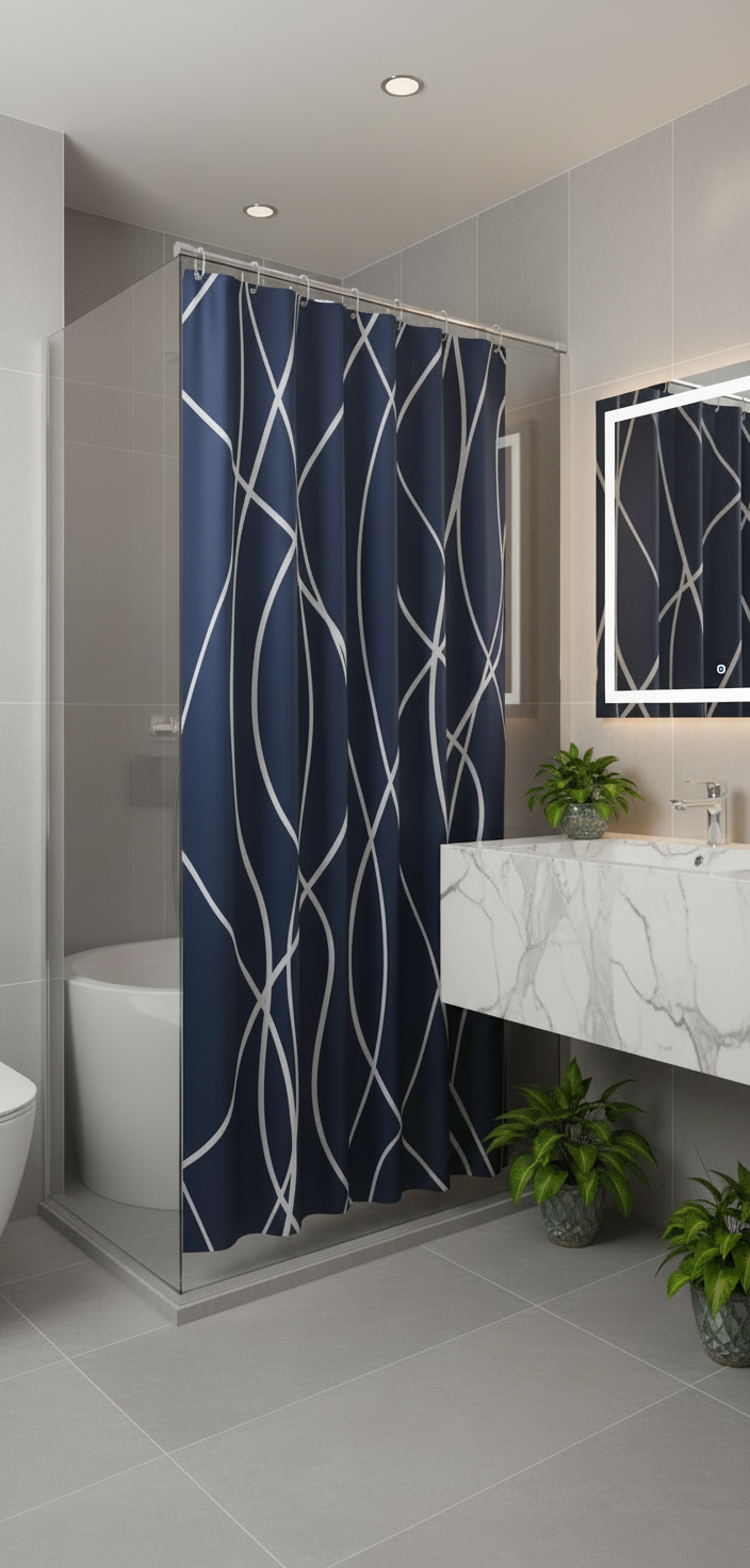 Rideau douche 91SH bleu marine lignes blanches - Salle de bain spa luxe