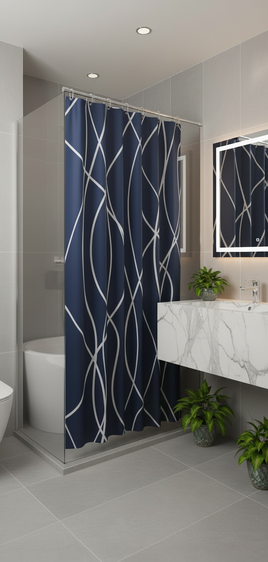 Rideau douche 91SH bleu marine lignes blanches - Salle de bain spa luxe