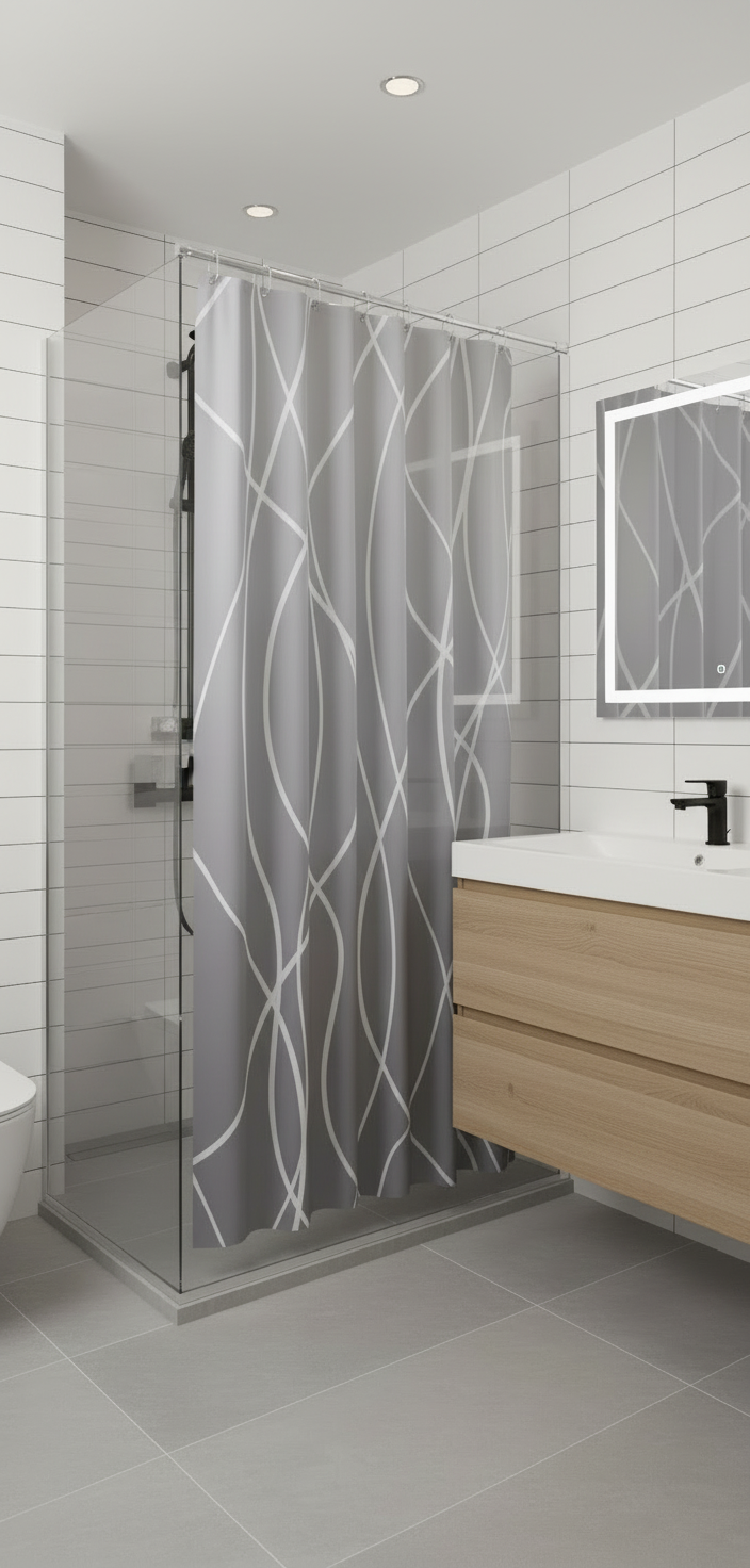 Rideau douche 92SH gris lignes blanches - Salle de bain scandinave