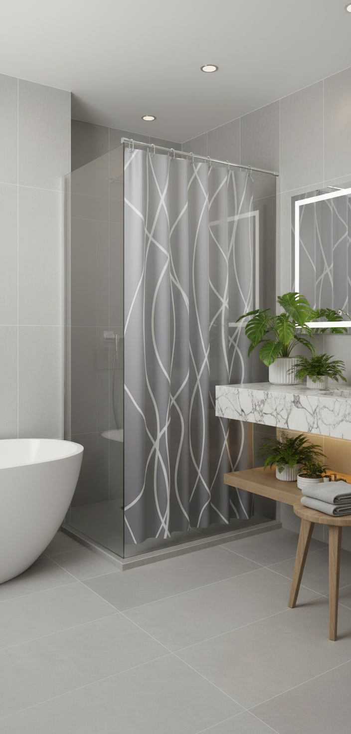 Rideau douche 92SH gris lignes blanches - Salle de bain spa luxe