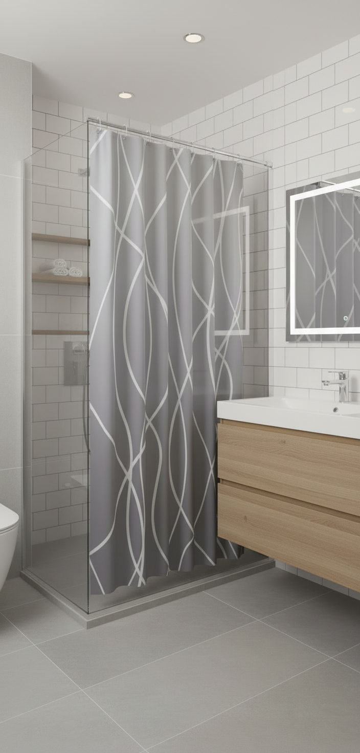 Rideau douche 93SH gris clair dégradé lignes blanches - Salle de bain scandinave