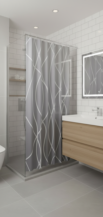 Rideau douche 93SH gris clair dégradé lignes blanches - Salle de bain scandinave