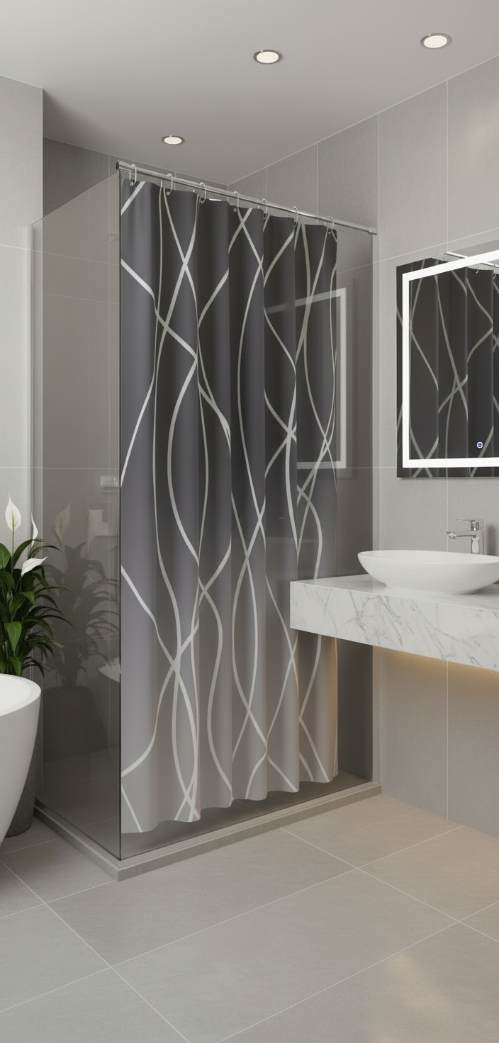 Rideau douche 94SH gris foncé dégradé lignes blanches - Salle de bain spa luxe