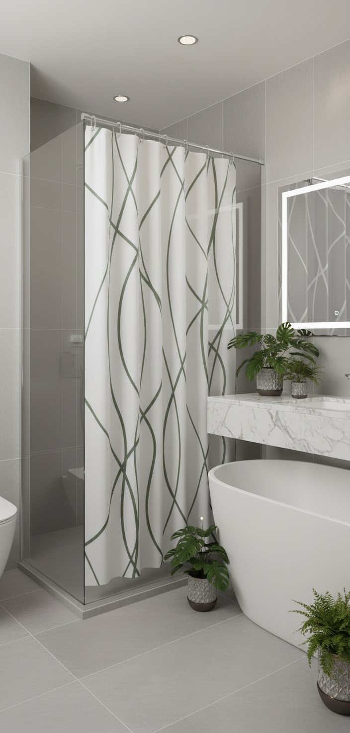 Rideau douche 95SH blanc lignes vertes dorées - Salle de bain spa luxe